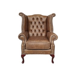 Vintage Leather Queen Ann Wing Chair